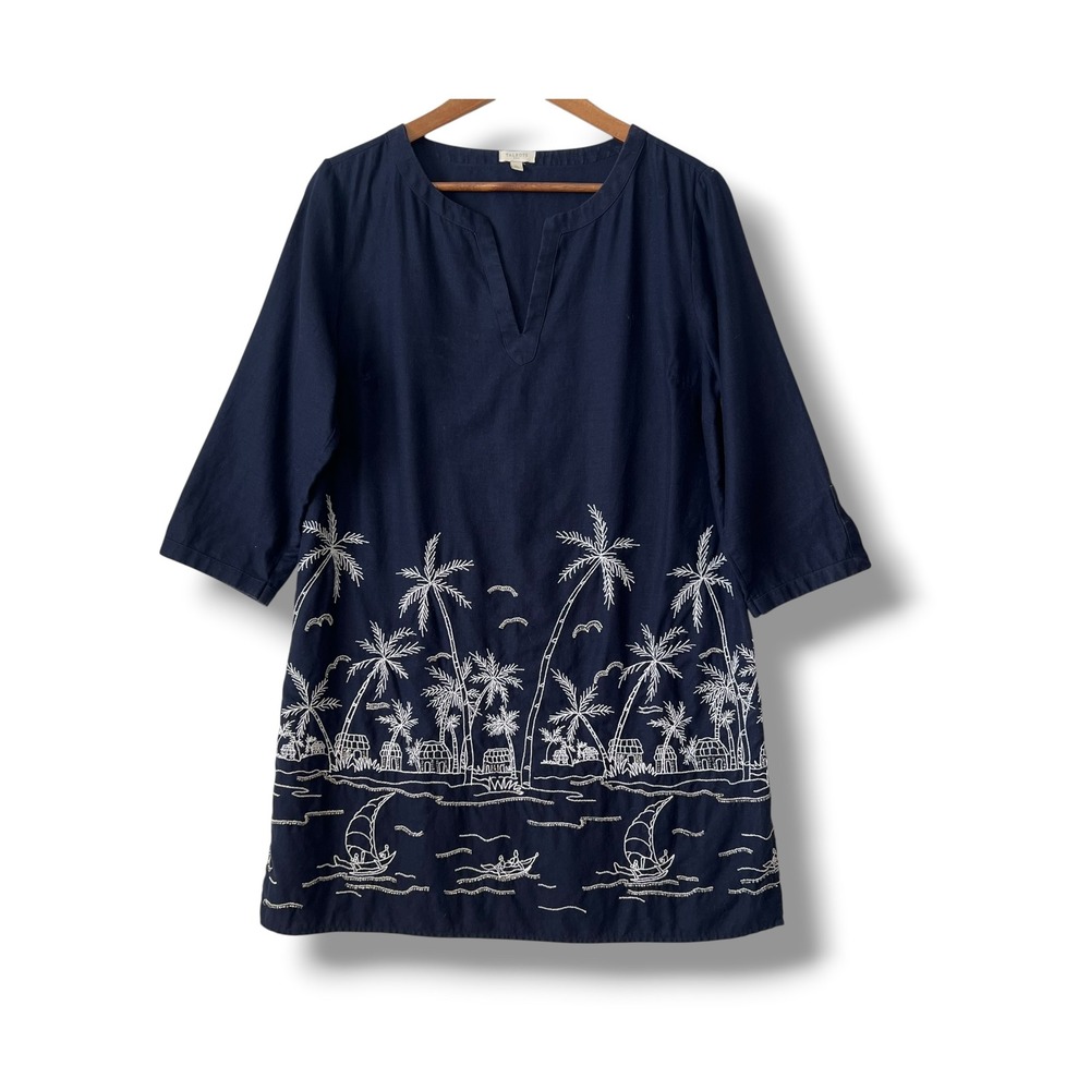 Talbots Tunic Cover Up Dress M Navy Blue Linen Blend‎ Embroidered Beaded Island